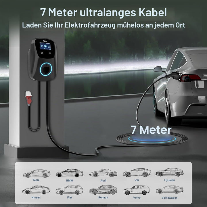 Tera EV Ladegerät Smart APP mit 32A Typ 2 22kW oder 11kW Heim Ladestation 400V CE & TÜV Wallbox 7m L