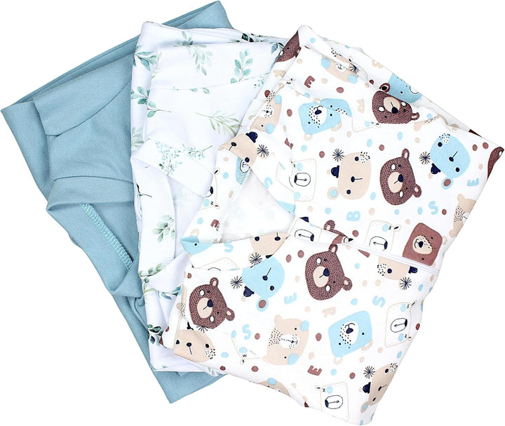 Baby Unisex Schlafstrampler Mädchen Schlafanzug mit Fuss Jungen Spieler 3er Pack, Bärchen Blätter Ei