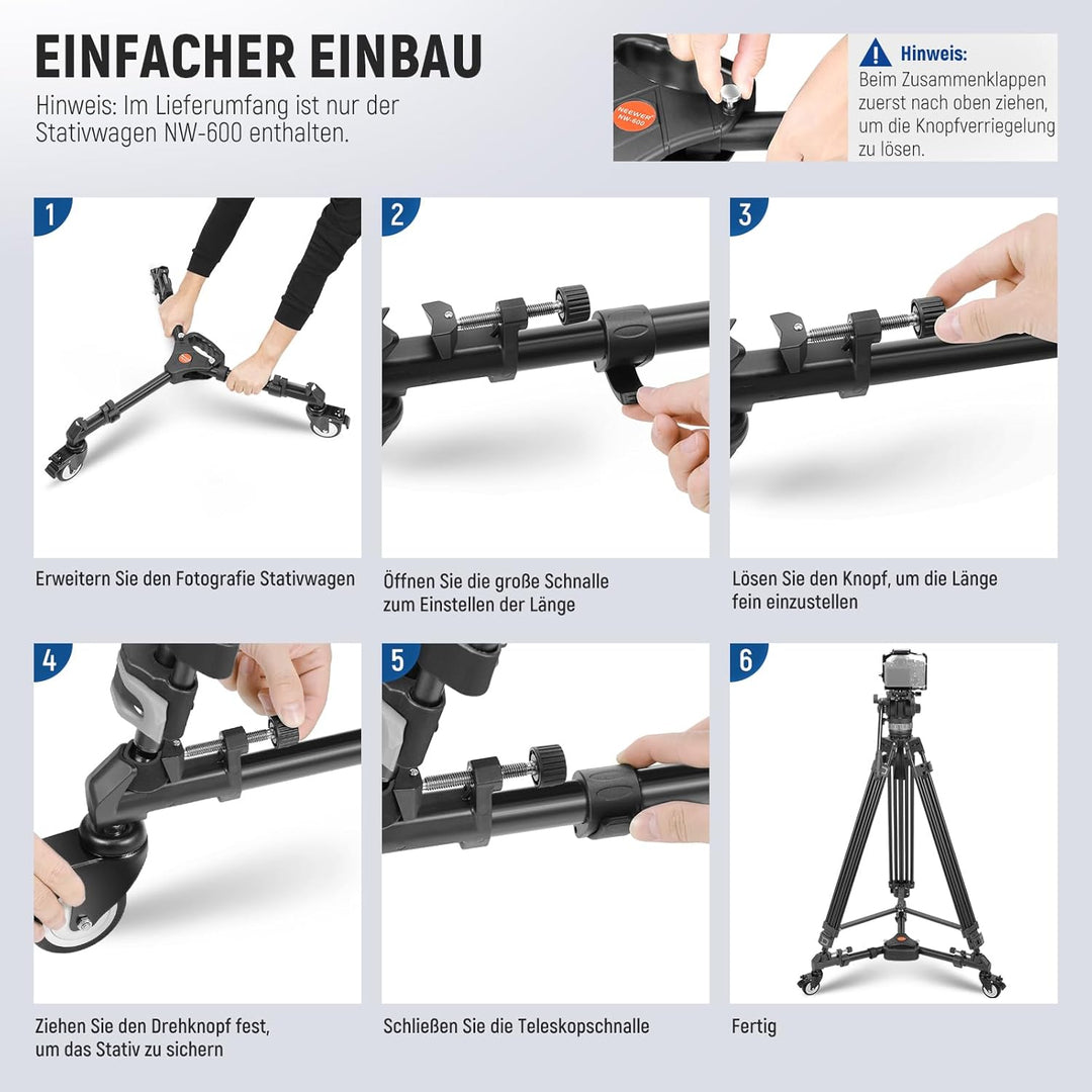 Neewer Fotografie Rollwagen Dolly Hochleistung mit grösseren 3-Zoll Gummirädern verstellbaren Beinha