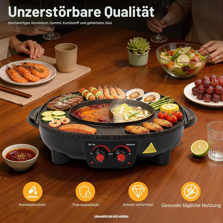 2-in-1-Grill-Hotpot, Multifunktionaler elektrischer Hotpot, Elektrischer Grill mit Grossem Fassungsv