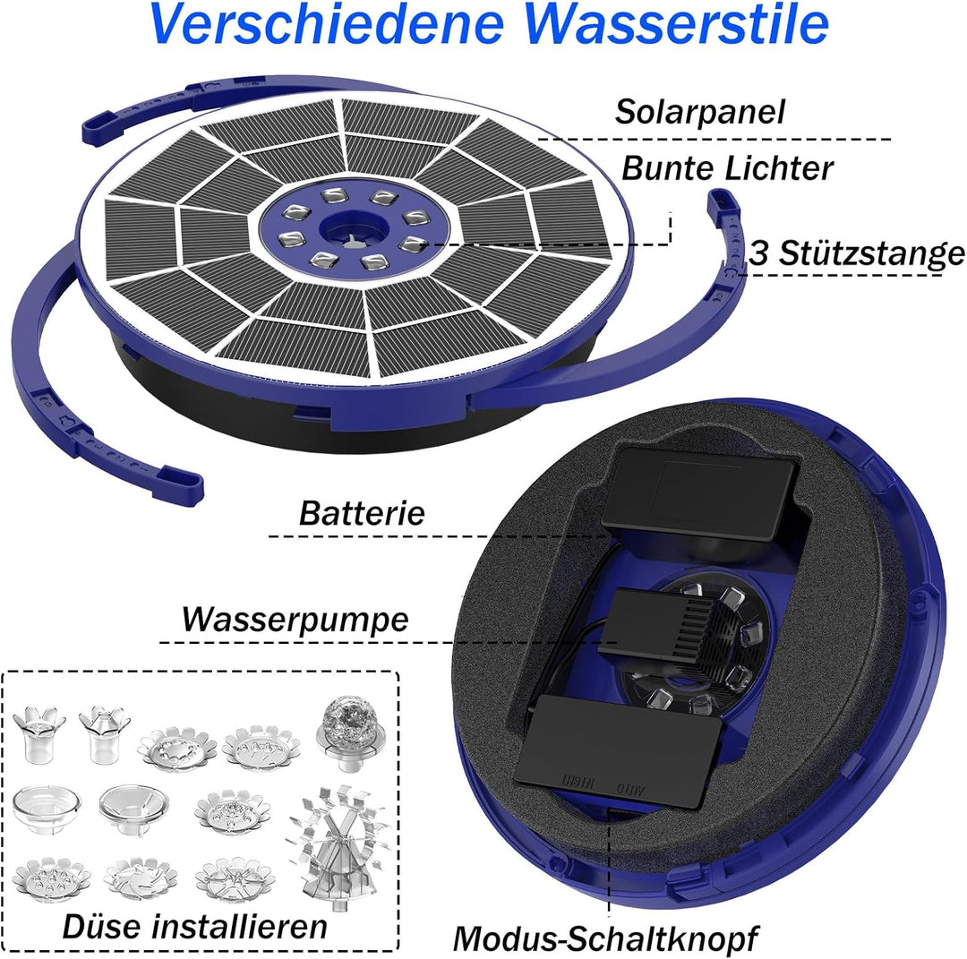 AISITIN LED Solarbrunnen für Draussen Verbessert mit 3000mAh, 3,5W Solar Schwimmender Fontäne Pumpe