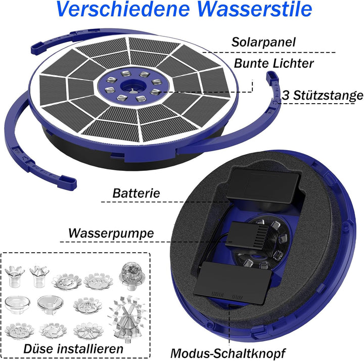 AISITIN LED Solarbrunnen für Draussen Verbessert mit 3000mAh, 3,5W Solar Schwimmender Fontäne Pumpe