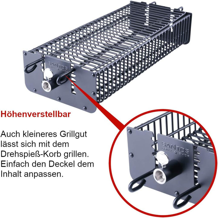 SANTOS Drehspiess-Korb für Drehspiesse (⌀ max. 11mm) - Grillkorb eckig - Grillzubehör - Fleisch, Fis
