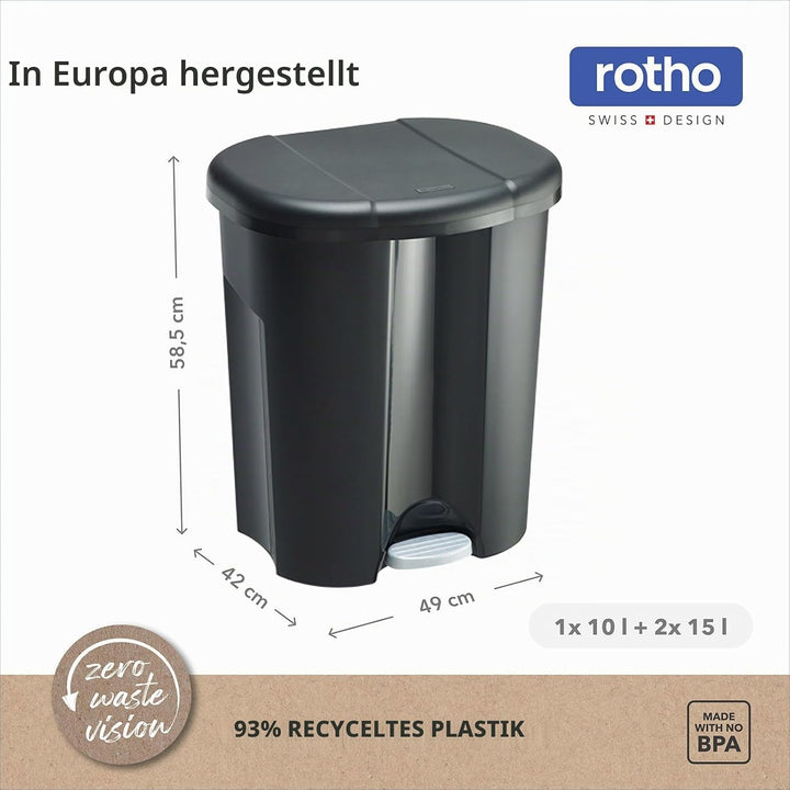 Rotho Trio Mülleimer 1x 10l + 2x 15l zur Mülltrennung mit Deckel, Kunststoff (PP) BPA-frei, schwarz,