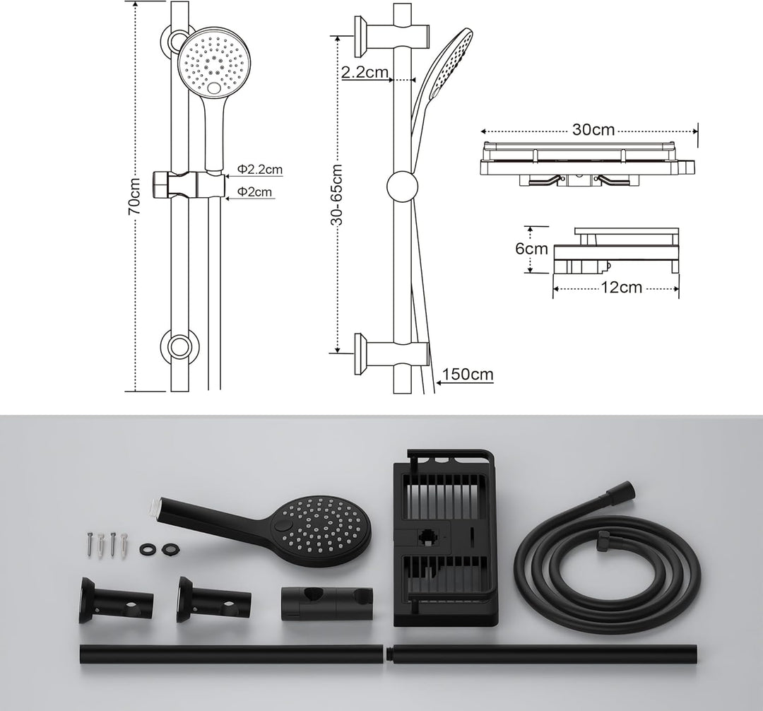 Görbach Duschset Rail Shower kit Handbrause Duschstange Duschablage/Seifenschale Handbrauseschlauch