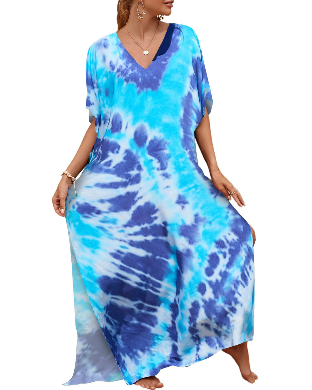 Bsubseach Lose Kaftan Kleider für Frauen Kurzarm Badeanzug Cover Up Casual Urlaub Outfits Blau Tie D