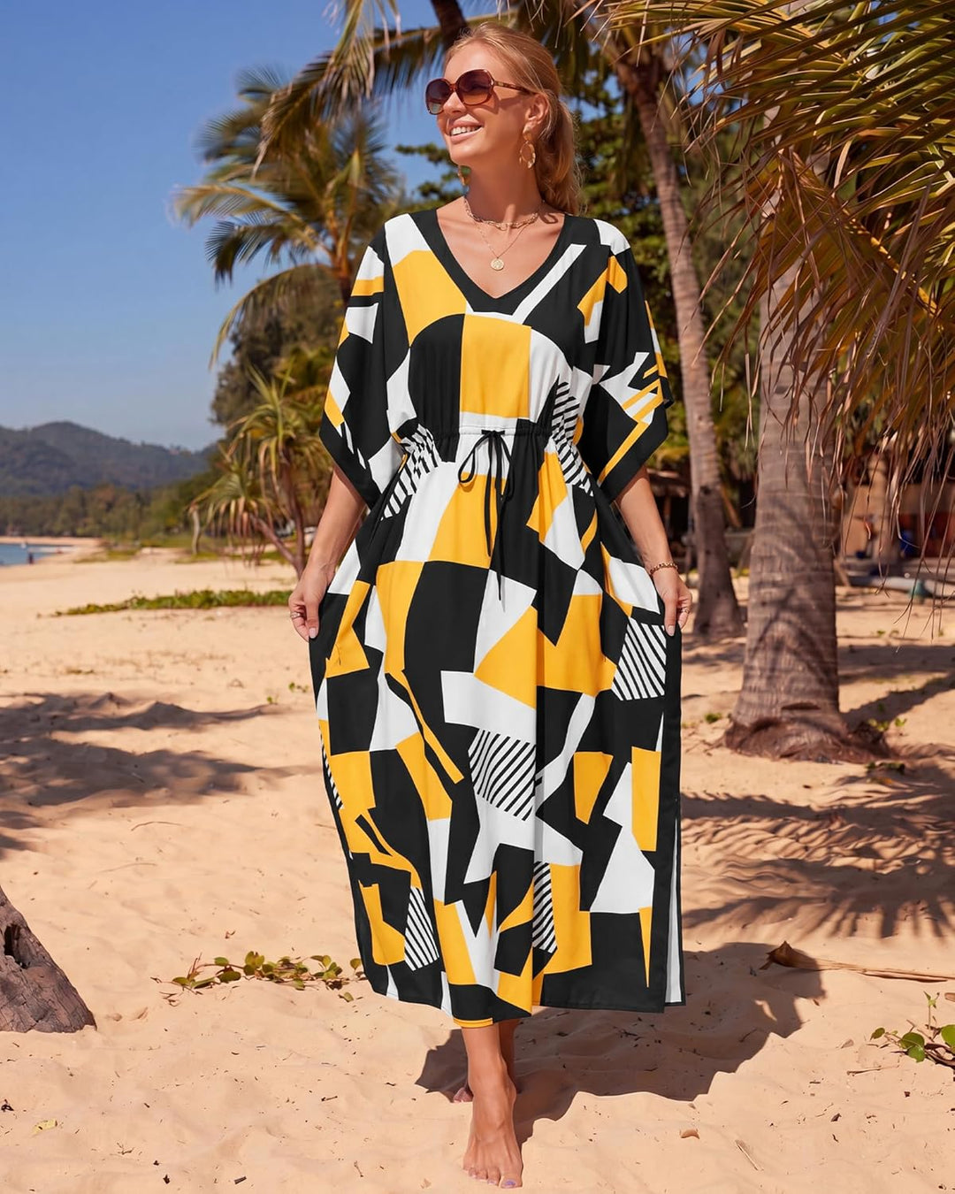 Bsubseach Damen Casual Beach Kaftan Kleid Kurzarm Loungewear Caftan Strandkleid Blau, Blau