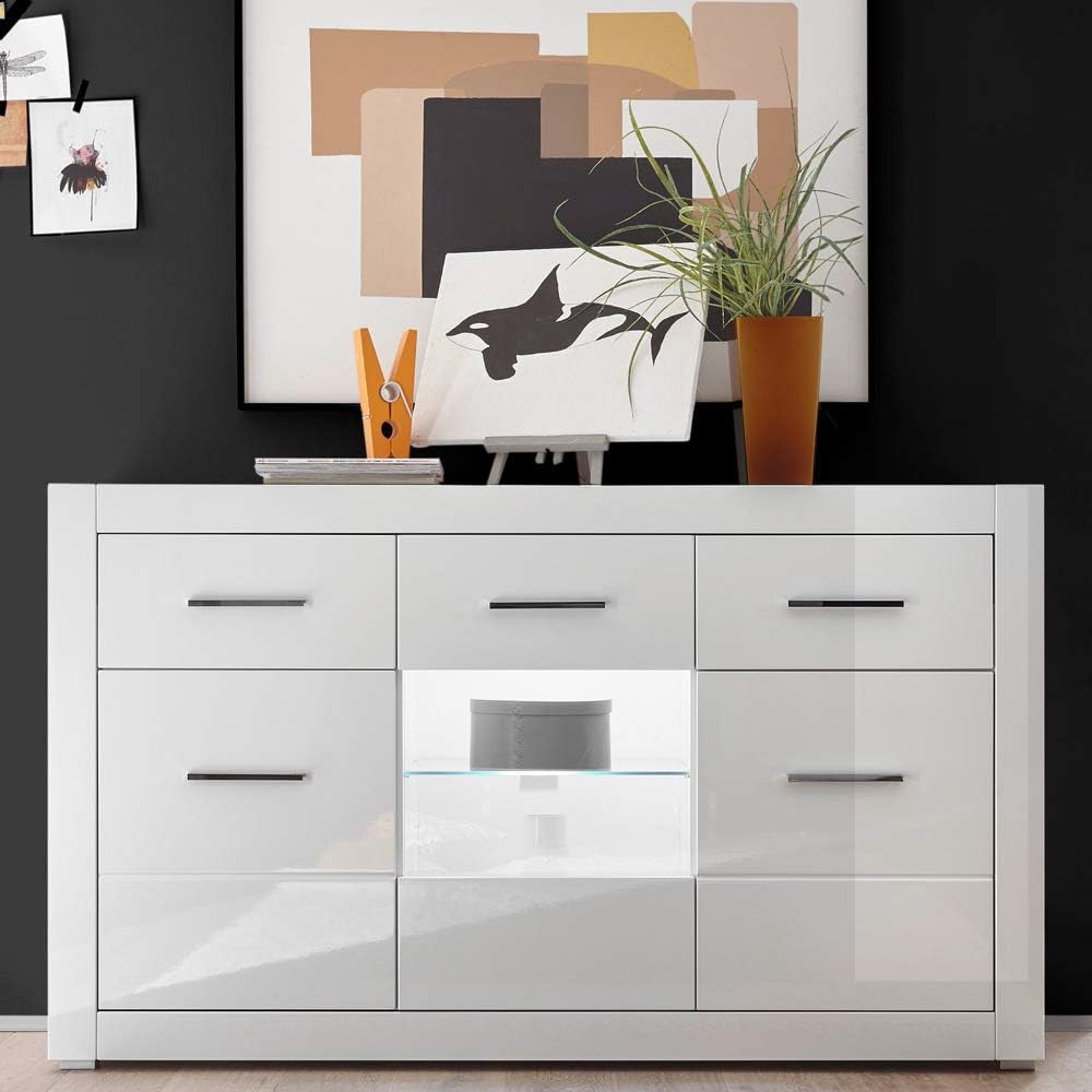 Lomadox Sideboard in weiss Hochglanz Breite: 164cm inkl. LED-Glaskantenbeleuchtung