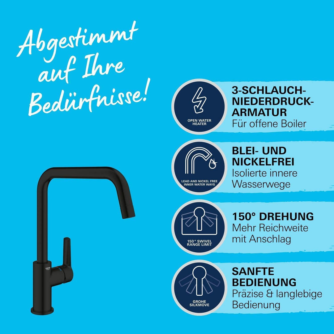 GROHE Start, Niederdruck Küchenarmatur mit hohem Auslauf (Wasserhahn Küche für offene Warmwasserbere