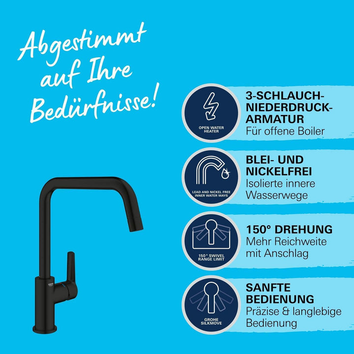 GROHE Start, Niederdruck Küchenarmatur mit hohem Auslauf (Wasserhahn Küche für offene Warmwasserbere
