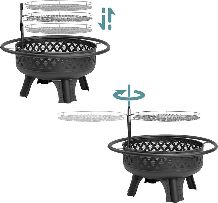 Relaxdays Feuerschale, Ø 80,5 cm, Verstellbarer Grillrost, Deckel & Schürhaken, Feuerstelle Garten,