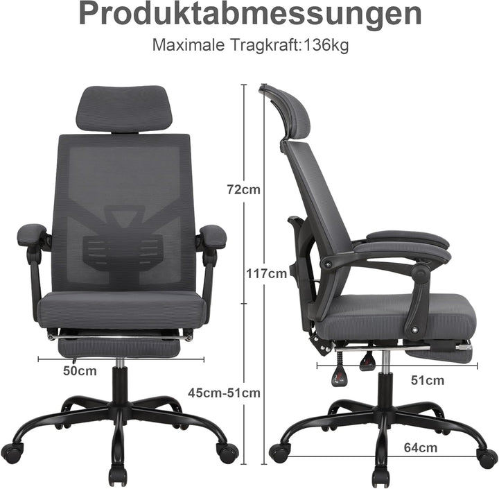UEV Bürostuhl Ergonomisch, Drehstuhl, Schreibtischstuhl mit Verstellbarer Kopfstütze Lendenwirbelstü