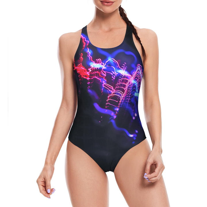 Damen Sport Badeanzug Racerback Schwarz Sport Bademode, Dynamisches Neon