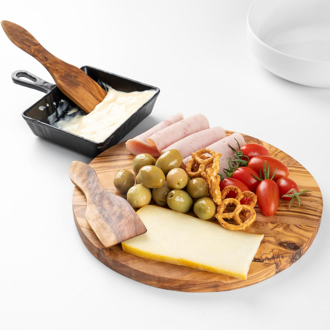 Handgefertigtes rundes Paddelbrett aus Olivenholz – gestreiftes Servierbrett für Käse, Brot und Vors