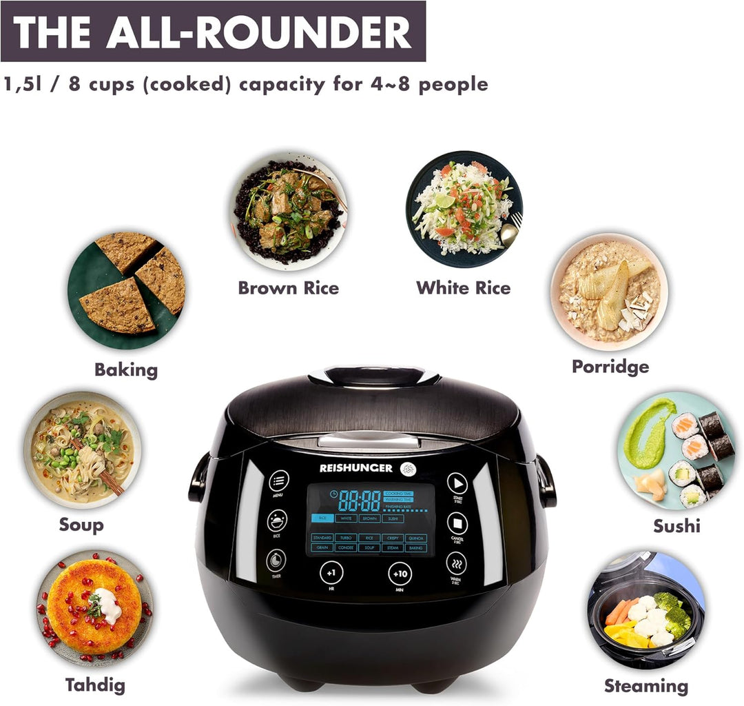 Reishunger Digitaler Reiskocher & Dampfgarer Schwarz + Gratis Kochbuch – Warmhaltefunktion, Timer &