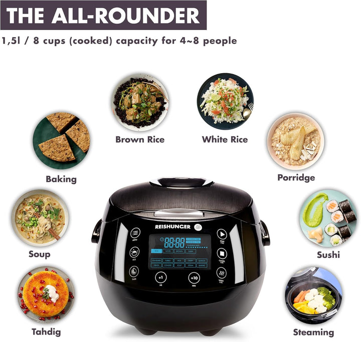 Reishunger Digitaler Reiskocher & Dampfgarer Schwarz + Gratis Kochbuch – Warmhaltefunktion, Timer &