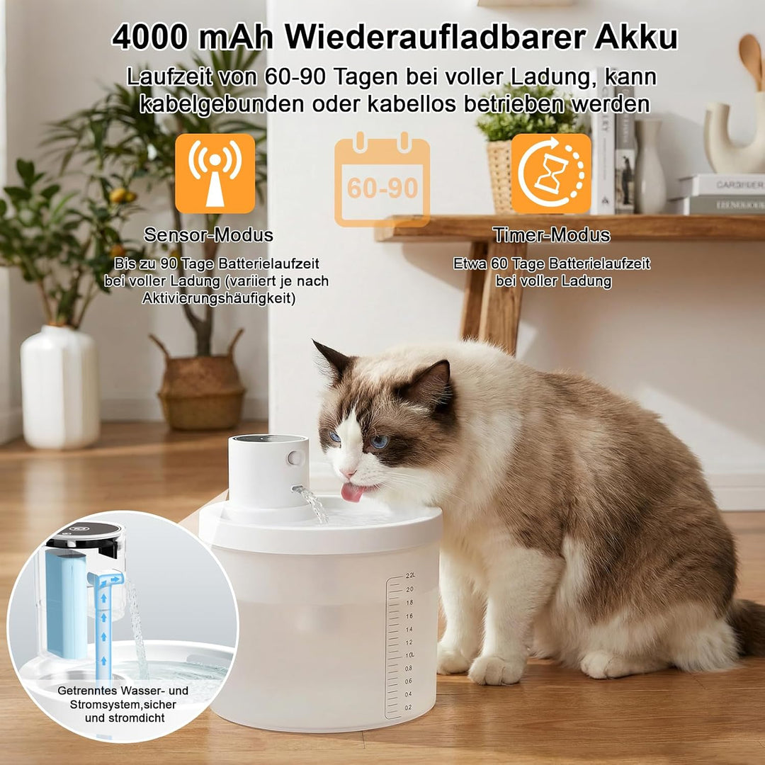 Katzenbrunnen Kabellos 2.2L Trinkbrunnen für Katze,Katzenbrunnen Kabellos mit Bewegungsmelder,Ultra