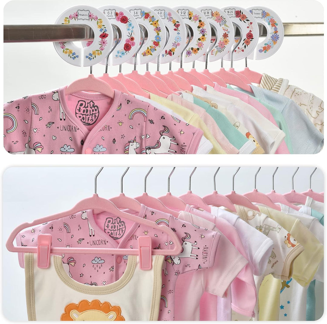 Babyrish Samt-Baby-Kleiderbügel, ultradünn, rutschfest, mit 8 niedlichen Trennwänden und 10 Kleiderb