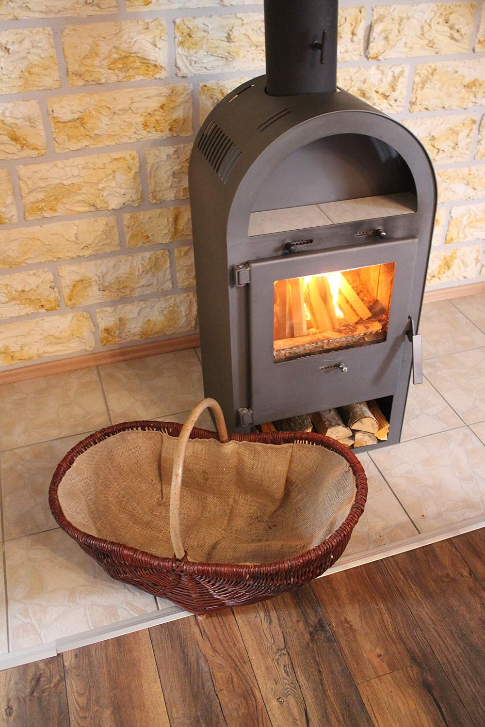 grosser Kaminholzkorb aus Weide mit Jute Kaminholztasche Feuerholzkorb Weidenkorb Kaminkorb Holzkorb