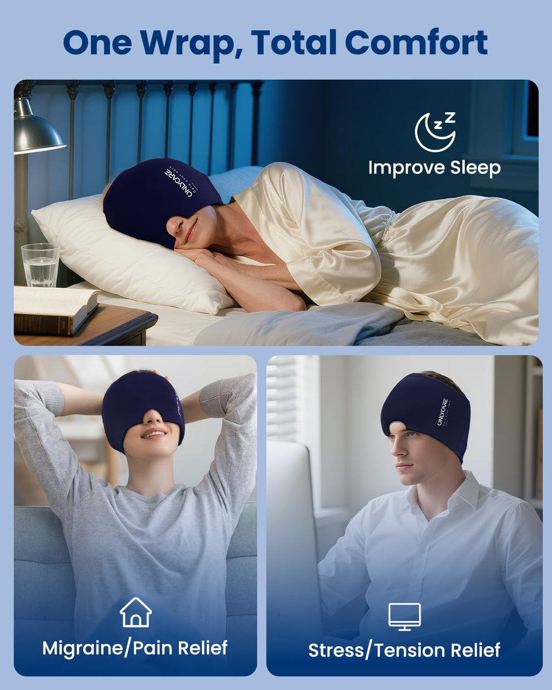 ONLYCARE Migräne Maske, Upgraded Kühlmaske Schlafmaske Kühlmütze Kühlhaube 360° Gel Surround kühlpad