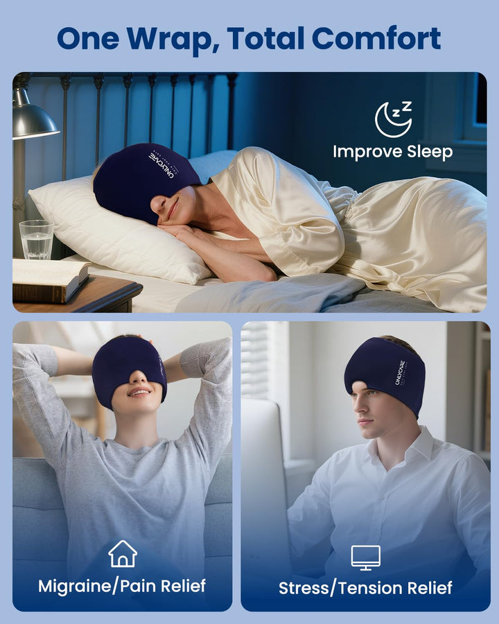 ONLYCARE Migräne Maske, Upgraded Kühlmaske Schlafmaske Kühlmütze Kühlhaube 360° Gel Surround kühlpad