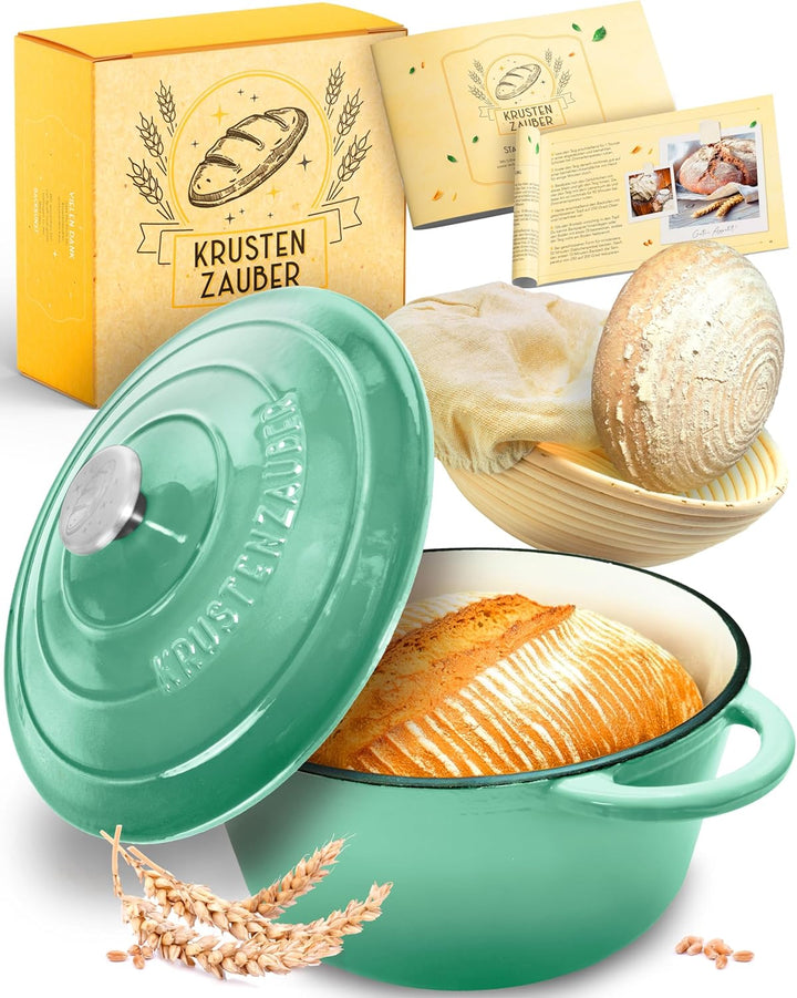 KRUSTENZAUBER Topf Brot Backen [inkl. Gärkorb] - Hochwertiger Emaille Topf 26cm - Idealer gusseisern