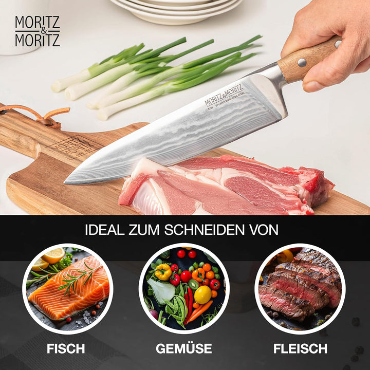 Moritz & Moritz Profi Messerset 3-teilig bestehend aus Kochmesser, Santokumesser und Damastmesser –