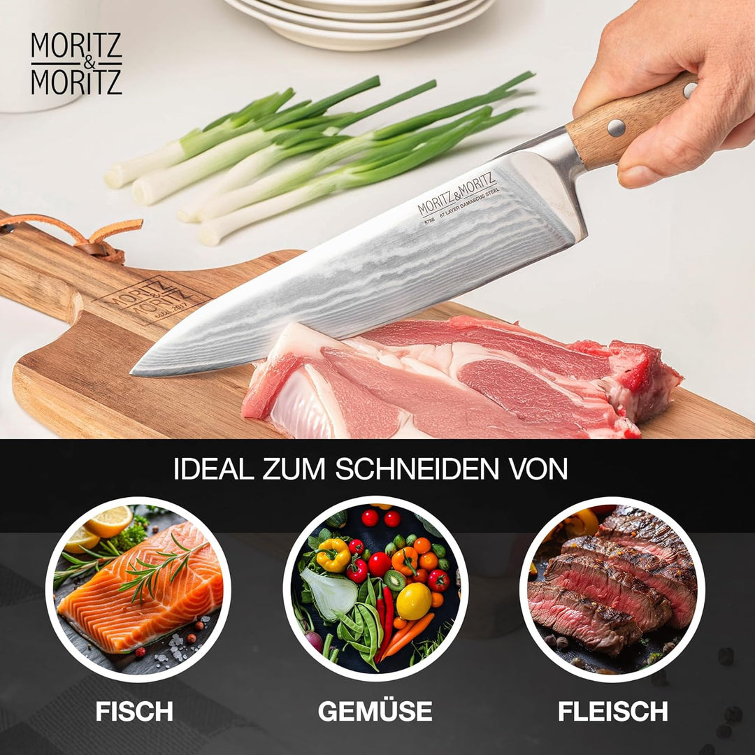 Moritz & Moritz Damastmesser 20 cm - Profi Kochmesser aus 67 Lagen Damaststahl - Scharfes Küchenmess