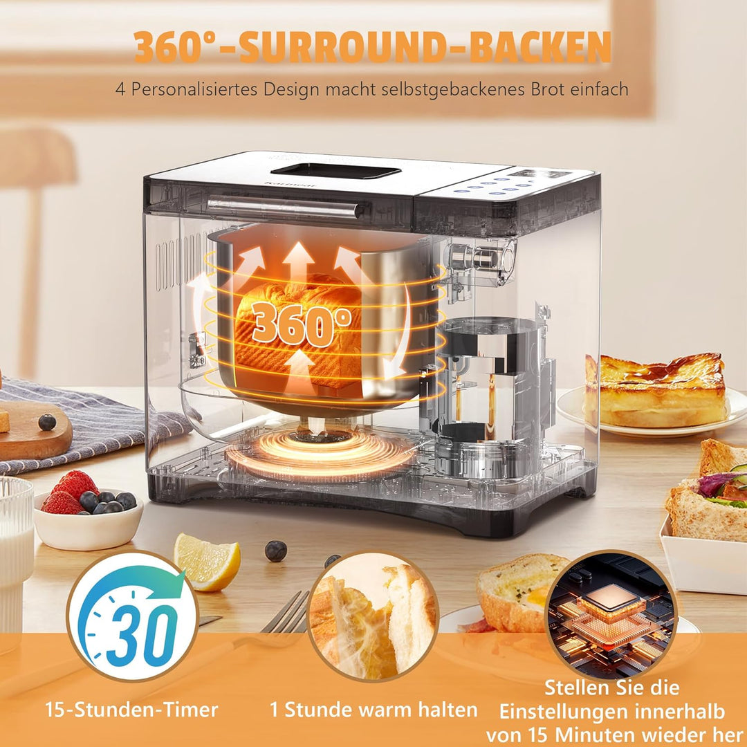 Karinear Brotbackmaschine, 20 Programmfunktion Brotbackautomat mit Handschuhen, 15-Stunden-Zeitvorwa