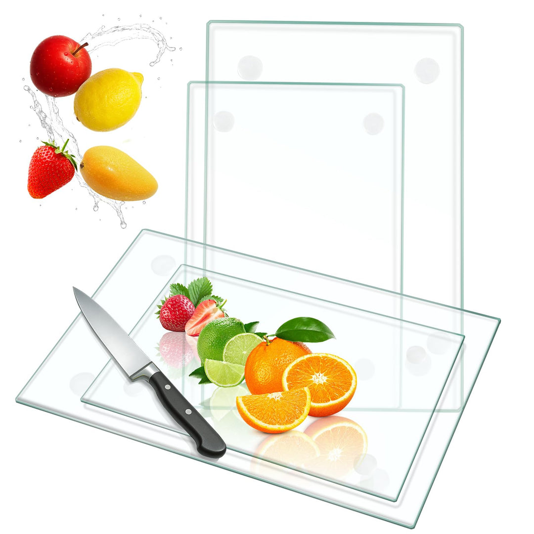 4 STÜCK Gehärtetes Glas Schneidebrett Küche, Transparentes mit Rutschfesten Füssen für Arbeitsplatte