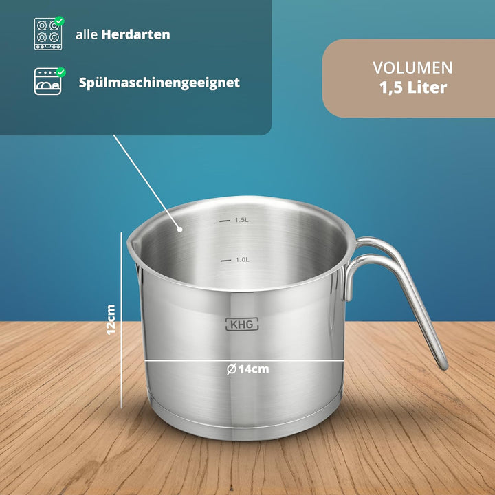 KHG Topf Kochtopf Milchtopf 14 cm Induktion, Edelstahl unbeschichtet | 11,5 cm hoher Rand, 1,5 Liter