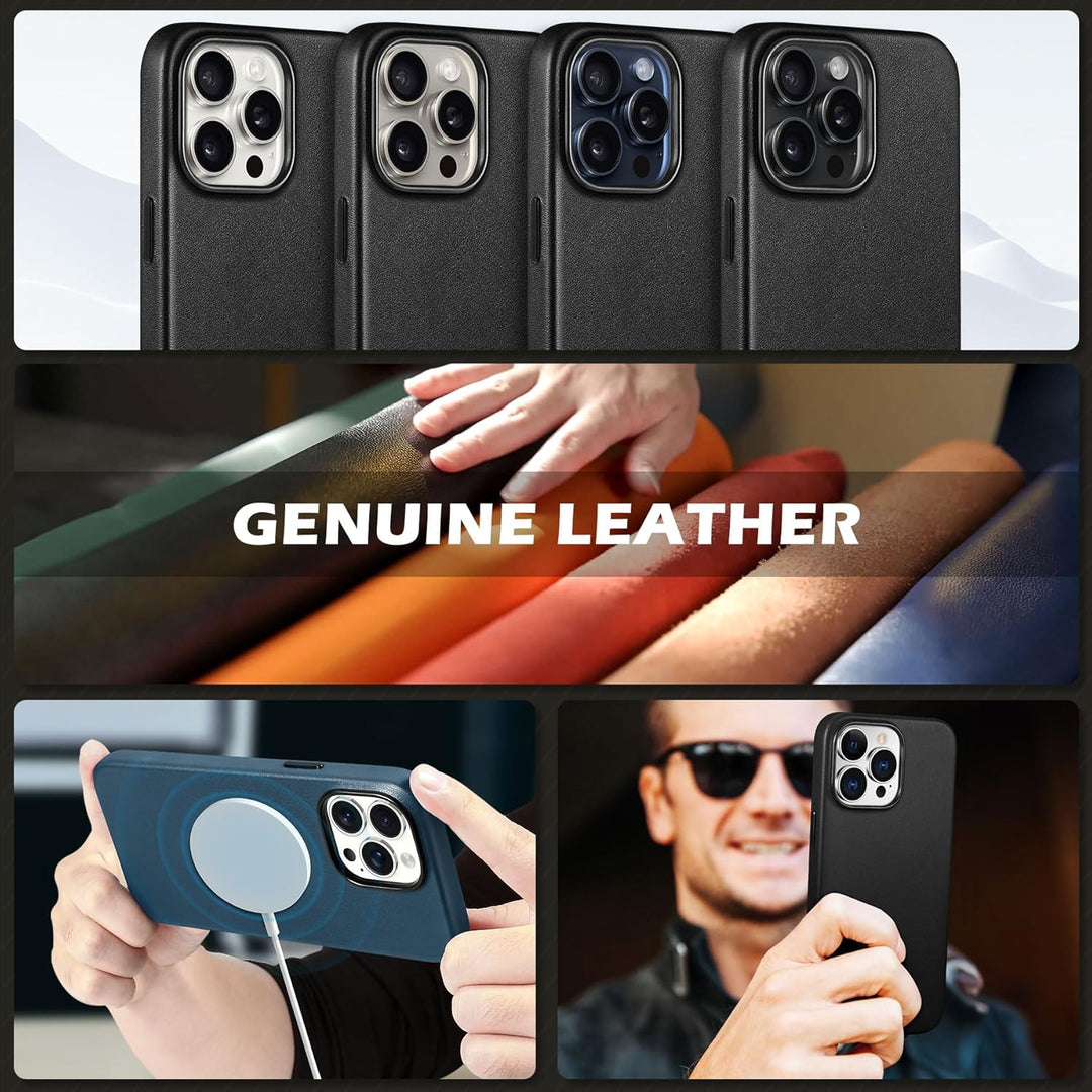 SHIELDON Hülle für iPhone 15 Pro Max Handyhülle Schutzhülle [Echtleder] [Kabellos Laden] [Elegant Au