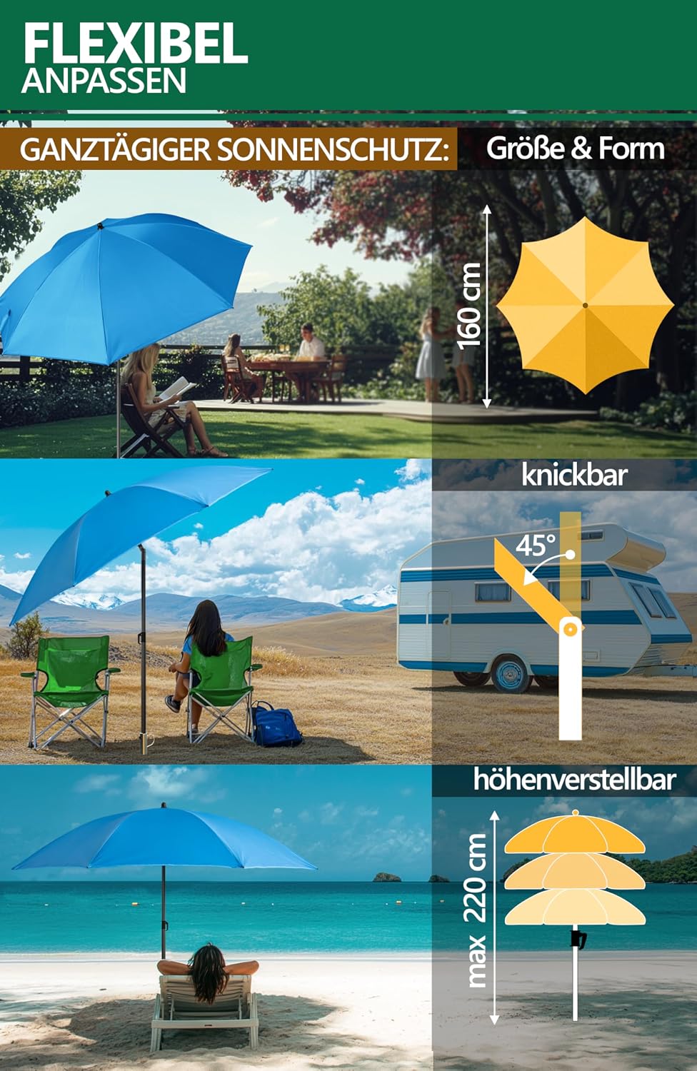 4smile Sonnenschirm Strand SunnyJoy Modern im 3er-Set, Blau - Strandschirm windfest stabil 160 cm +