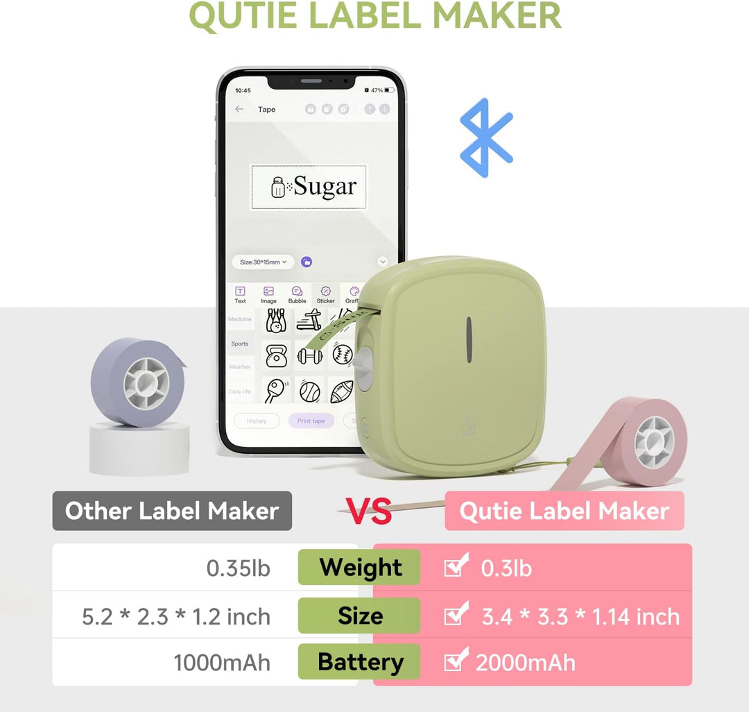 prt Qutie Bluetooth Beschriftungsgerät Selbstklebend, Tragbarer Mini Etikettiergerät, USB Aufladen E