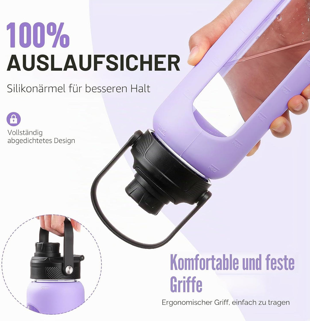 BLUEGO 700ml Glaswasserflasche mit Strohhalm und 2 Deckeln Kaffeetasse aus Glas mit Zeitmarkierung u