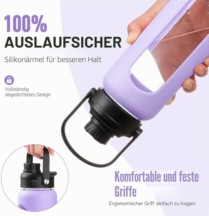 BLUEGO 700ml Glaswasserflasche mit Strohhalm und 2 Deckeln Kaffeetasse aus Glas mit Zeitmarkierung u