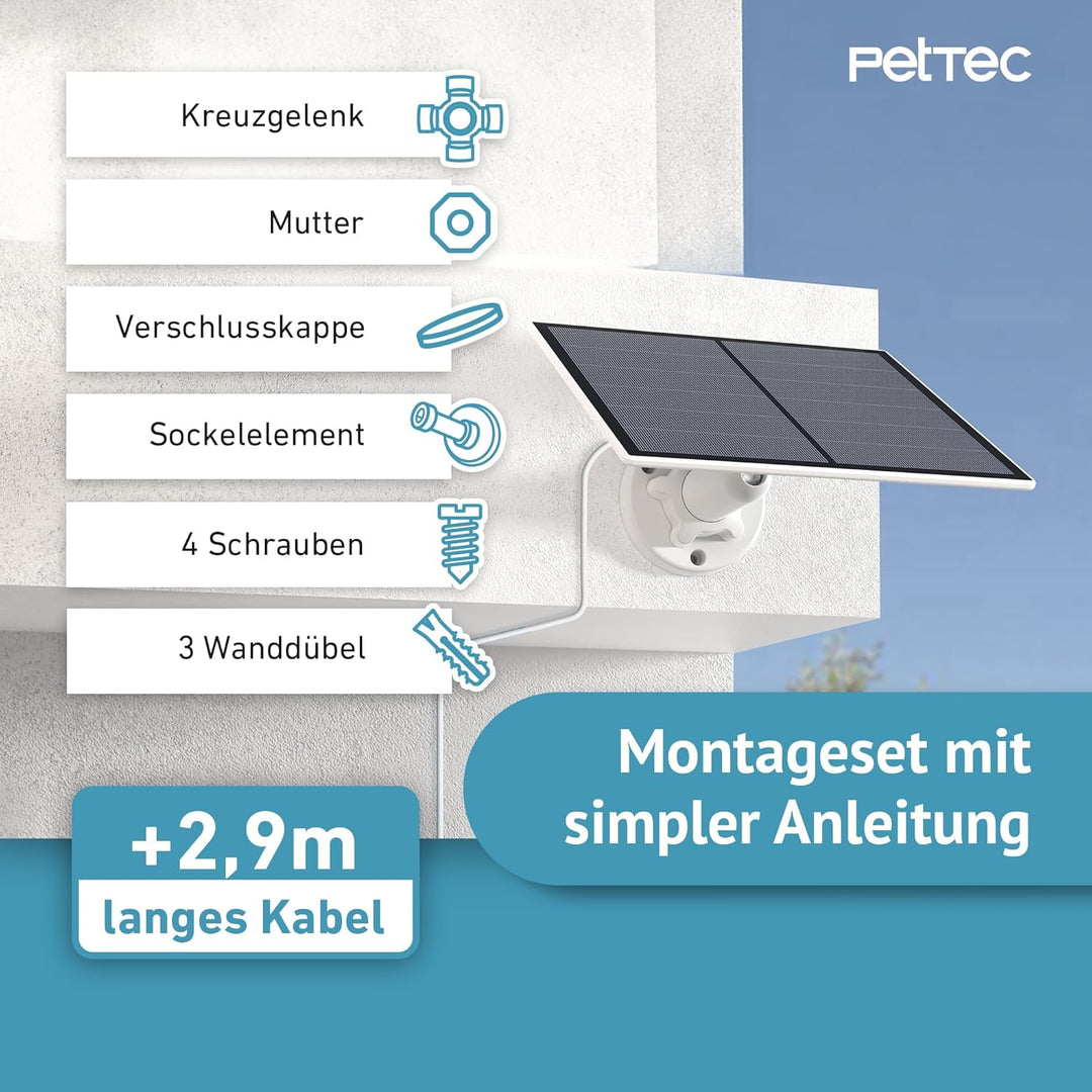 PetTec - Solar Panel für Überwachungskamera aussen Pet Cam - Solarmodul 4,4W in Schwarz - Für Outdoo