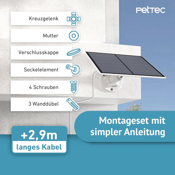 PetTec - Solar Panel für Überwachungskamera aussen Pet Cam - Solarmodul 4,4W in Schwarz - Für Outdoo