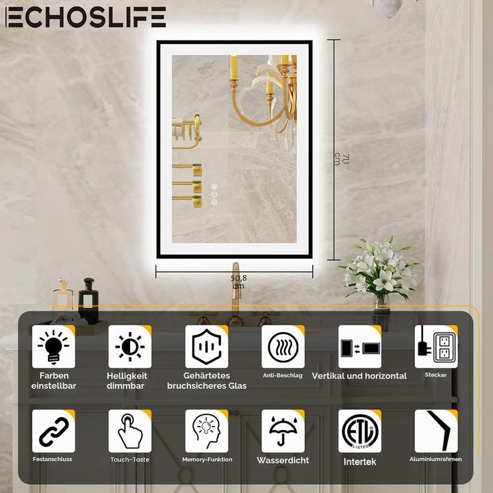 50x70cm Badspiegel mit Beleuchtung, Hartglas Badspiegel LED Antibeschlag, Schwarzer Aluminiumrahmen