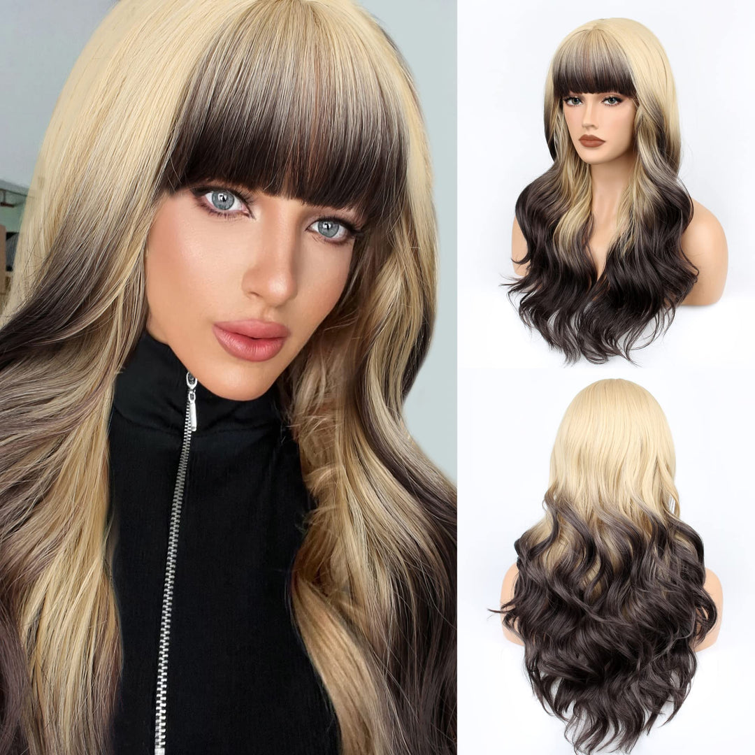 FAELBATY Perücke mit langen Locken blond Perücke mit Pony Ombre blond bis braun Perücke mit langen L