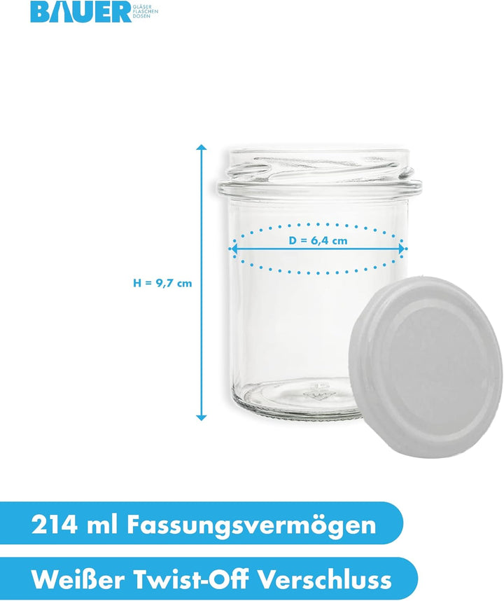 flaschenbauer.de BAUER 24er Set Sturzgläser 214 ml inkl. weisse Twist Off Deckel TO66 zum Einmachen