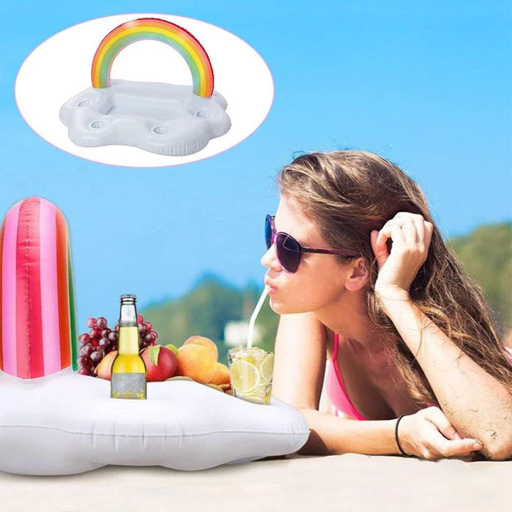 Morofme Regenbogen Getränkehalter Pool, 2in1 Snacks Poolbar Aufblasbar, 5 Löcher Aufblasbarer Geträn