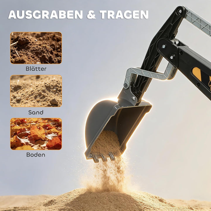 AIYAPLAY Sitzbagger Aufsitzbagger mit Schaufel Lenkrad Kinderbagger mit drehbar Aufbau verstellbar R