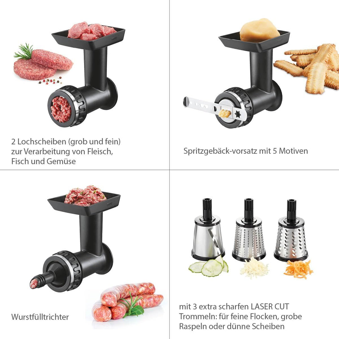 GEFU Set Trommelreibe & Fleischwolfvorsatz TRANSFORMA – Multifunktional mit Laser Cut Trommeln, Wurs