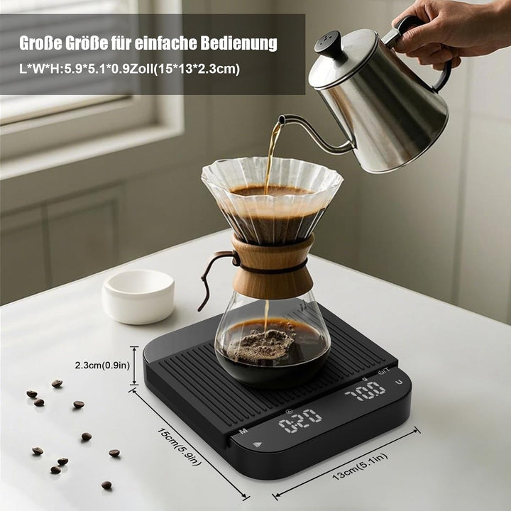 Diyife Kaffeewaage mit Timer, 3kg/0,1g Wiederaufladbare Espresso Waage mit HD LCD Display, Tara Funk