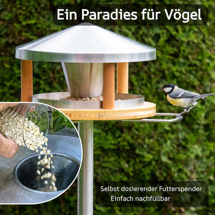 Vogelhaus mit Ständer wetterfest aus Edelstahl - Stabiles Vogelfutterhaus für draussen, modern aus M