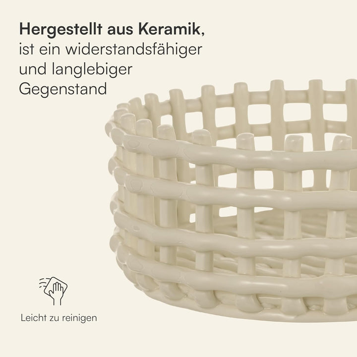 Baroni Home Geflochtener Mehrzweckkorb aus Keramik, Obstschale, Tischdeko, Taschenleerer, rund, weis