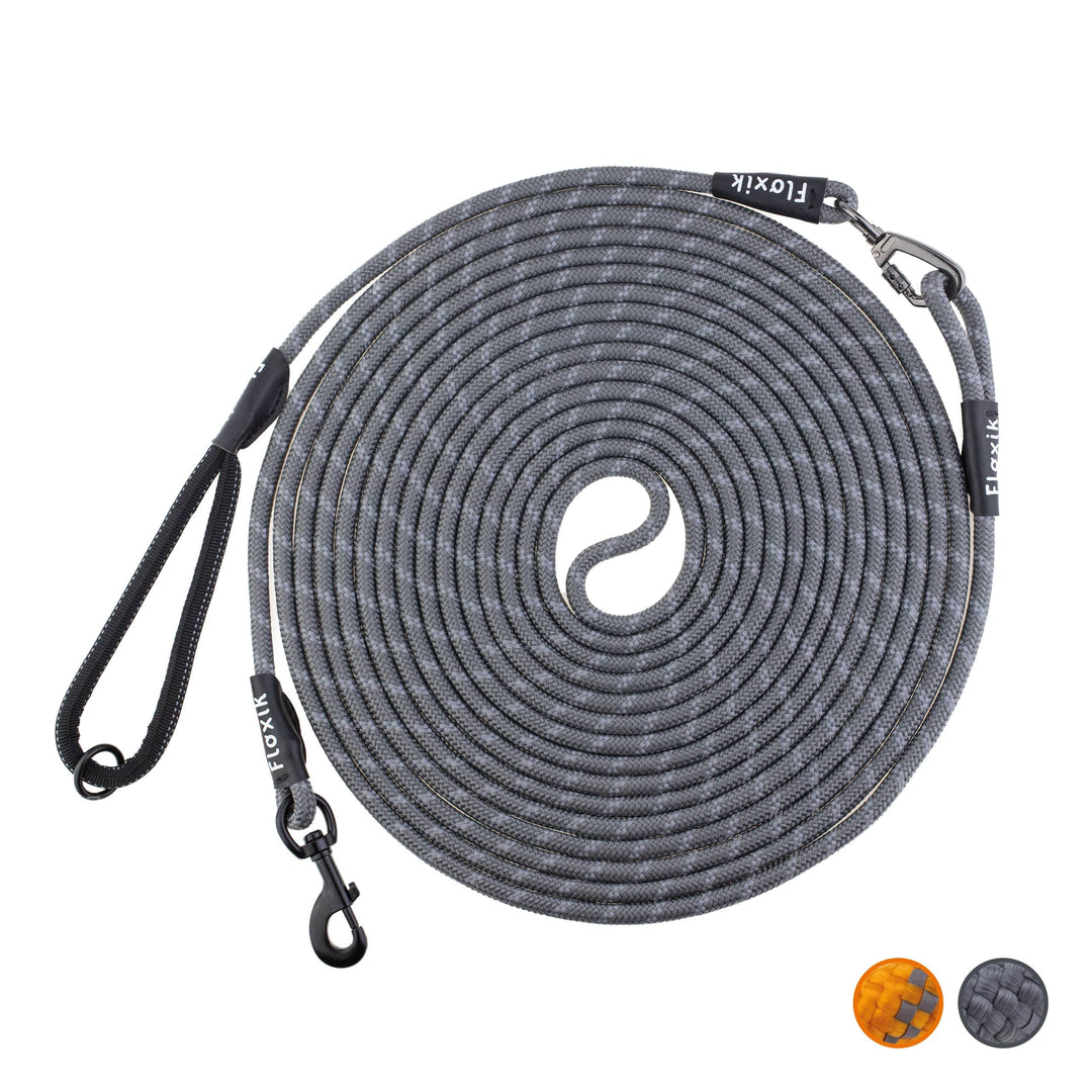 Floxik Schleppleine für Hunde | 5m, 10m, 15m, 20m grau | reflektierende Tauleine mit Abnehmbarer Han