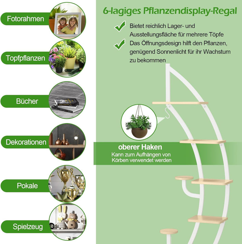 RELAX4LIFE Pflanzenständer Halbmondförmig, 6-Stufiges Blumenregal mit Ablagen Haken, Blumenständer m