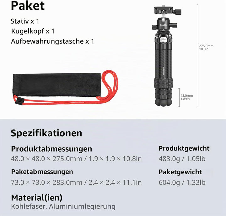 SMALLRIG Mini-Tischstativ aus Kohlefaser, Trípode 395mm/15,5Zoll kompaktes Tischstativ-Set im Tasche